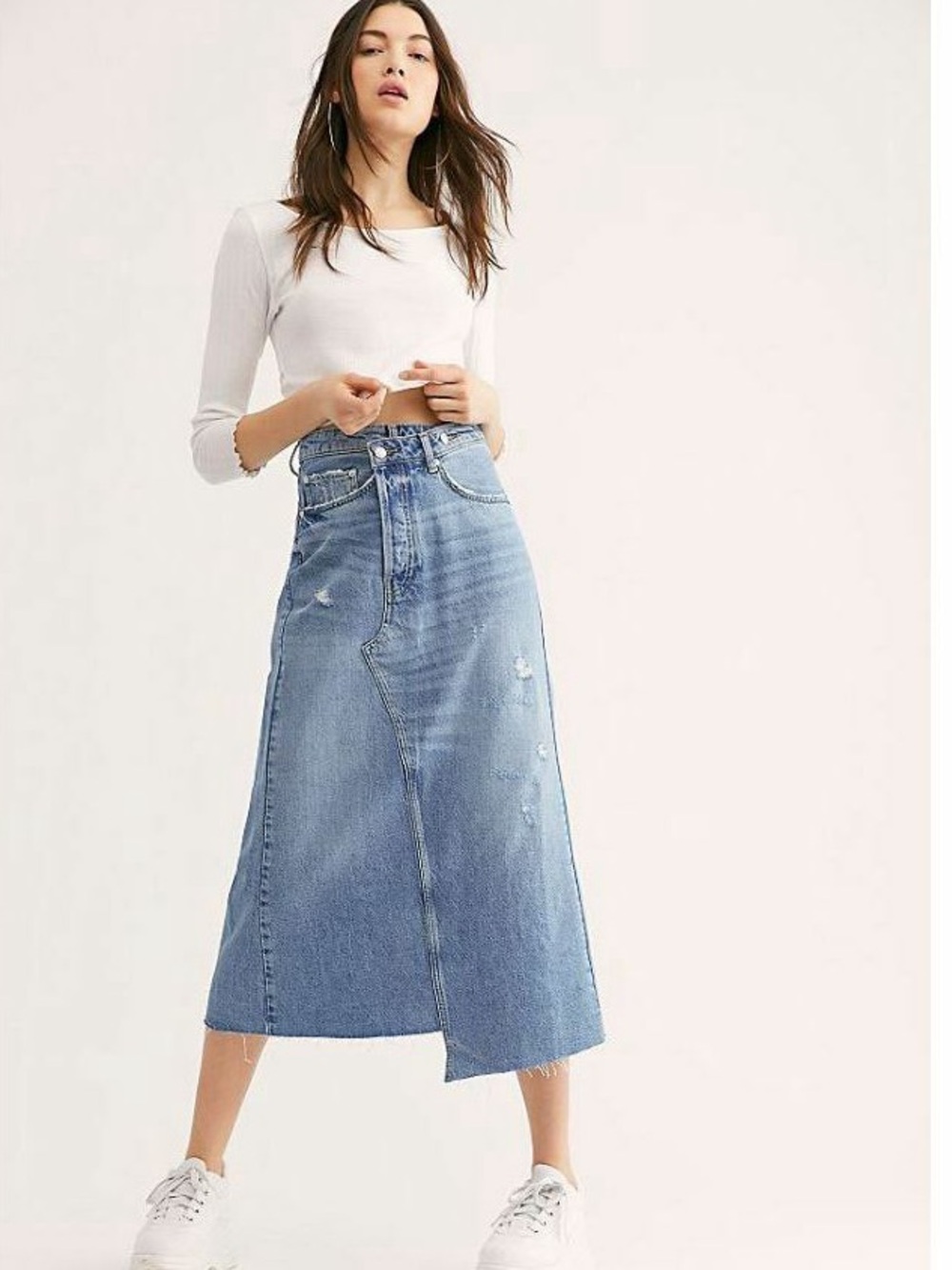 Free People Women's Reworked Asymmetrical Distressed Denim Jean Midi Skirt 10